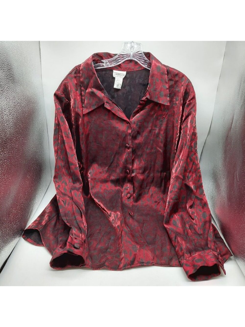 Lauren Lee Shirt Red Black Shiny Leaf Pattern Long Sleeve Women Blouse Size 22